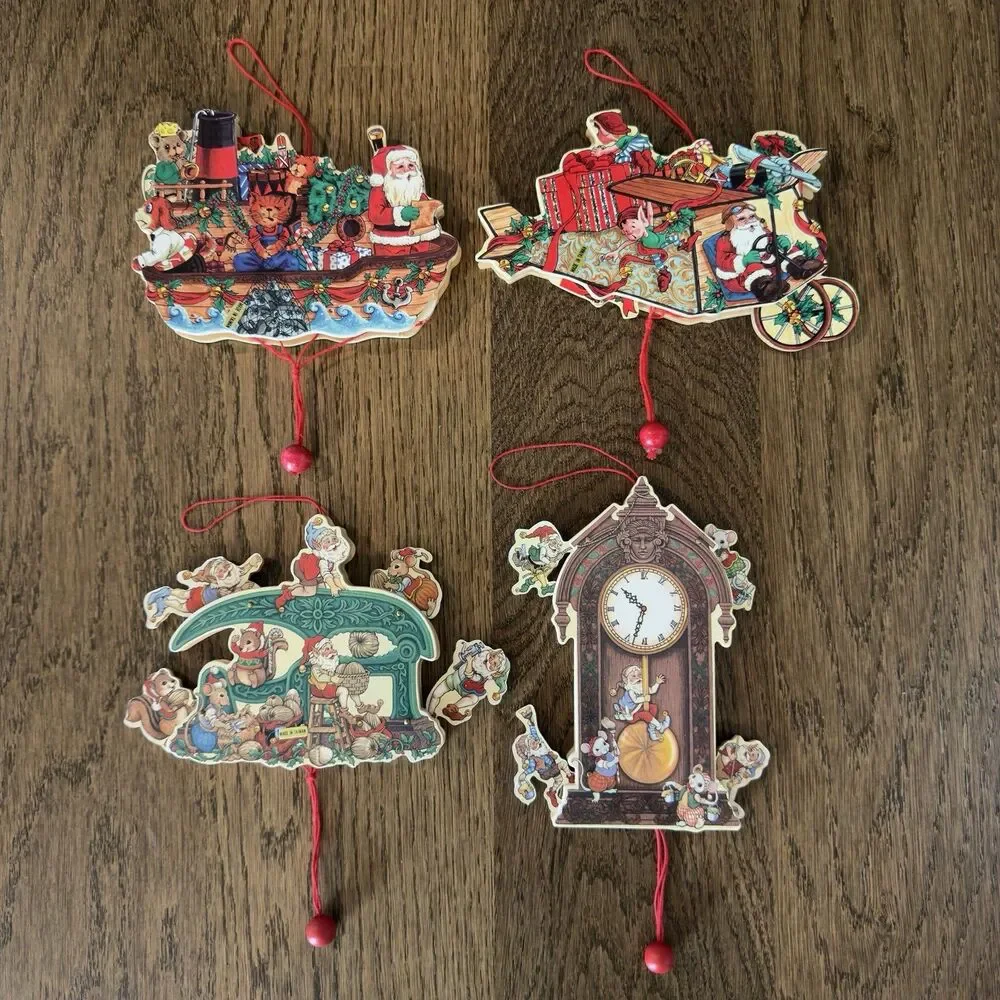 Vintage Wooden Pull String Christmas Ornaments Set Of 4 Jumping Jack Style Toys